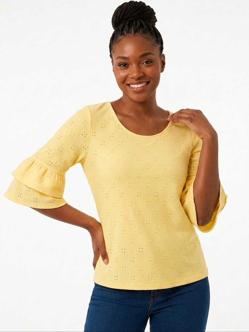 Chico's Soft Yellow Eyelet Blouse Lemon Chiffon Eyelet Scoop Neck 3/4 Ruffle